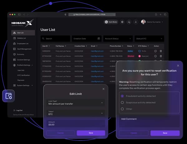Control platform operations with the admin dashboard — NeobankX screenshot