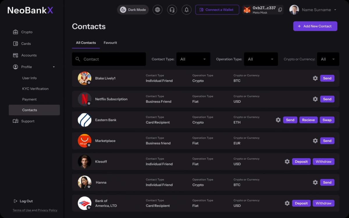 NeobankX crypto and fiat account screens